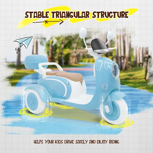 Miniatura 5 de Motocicleta eléctrica para niños de 2 plazas con control remoto, 3 ruedas de 12 V con USB, música, Bluetooth, luz, caja de almacenamiento grande, 2