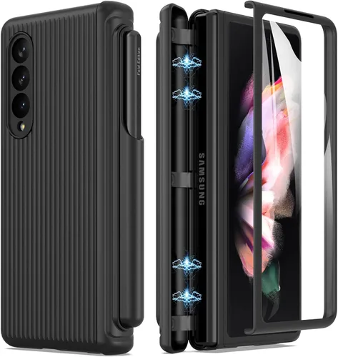 Miniatura 14 de MAKAVO Funda para Samsung Galaxy Z Fold 3 5G con protección de bisagra, protector de pantalla de vidrio templado integrado, ajuste delgado 3D Negro
