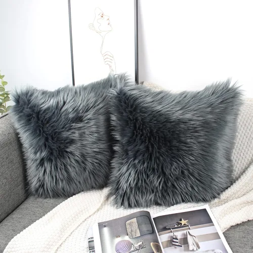 Miniatura 3 de OYIMUA Juego de 2 fundas de almohada decorativas esponjosas de 18 x 18 pulgadas, fundas de almohada lujosas de piel sintética de granja