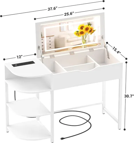 Miniatura 2 de Cyclysio - Escritorio de tocador con espejo abatible y luces, escritorio de tocador de maquillaje con cajones, mesa de vestir con estantes