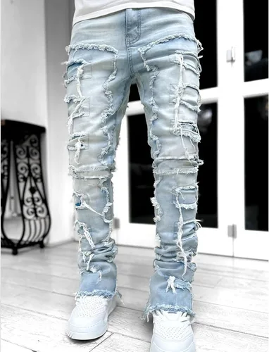 Miniatura 2 de GDJGTA Jeans apilados para hombre, ajustados, rasgados, elásticos, desgastados, rectos, pantalones de mezclilla estilo hip hop, ropa de calle