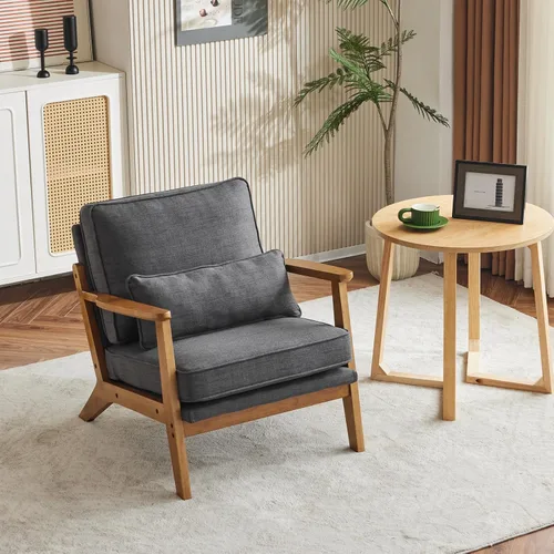 Miniatura 9 de VINGLI Juego de 2 sillas decorativas de madera maciza con reposabrazos anchos, sillas modernas tapizadas de mediados de siglo con almohada, silla