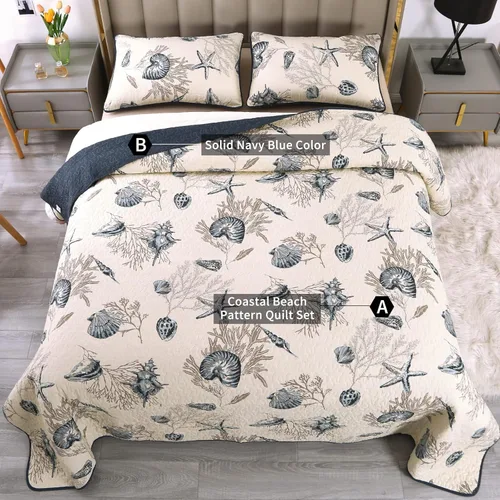 Miniatura 2 de Juego de ropa de cama 3 piezas, cobertor acolchonado tamaño Queen de algodón. Azul y blanco.