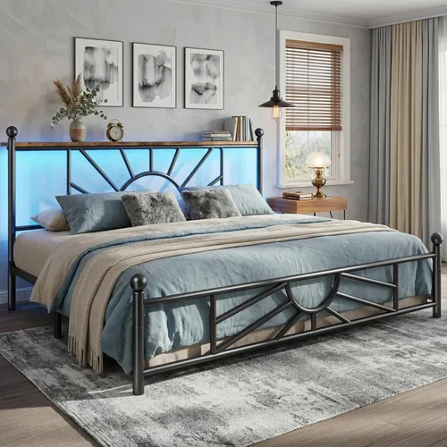 Miniatura 13 de Homkdom Marco de cama de plataforma de metal tamaño Queen de 14 pulgadas con cabecero, marco de cama victoriano Queen con almacenamiento debajo