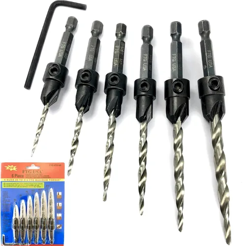 Miniatura 27 de FTG USA Juego de brocas avellanadoras de madera ajustable, 5 piezas, broca avellanadora #4 #6 #8 #10 #12 con broca cónica para carpintería