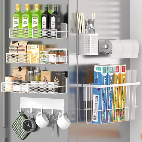 Miniatura 38 de Estante magnético para especias para refrigerador, paquete de 7 estantes magnéticos fuertes 100% de metal, organizador de especias con soporte