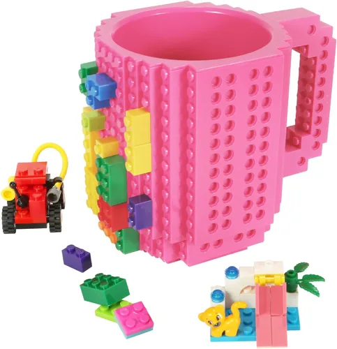 Lumsburry Taza de café de ladrillo integrada, divertida taza de bricolaje con bloques de construcción creativa para niños, hombres y mujeres, 2-Rosa