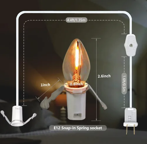 Miniatura 2 de KGC Cable de Accesorios C7 con 2 Bombillas LED C7 Base Candelabro E12 con Casquillo, Cable Blanco con Interruptor de Encendido/Apagado y Enchufes