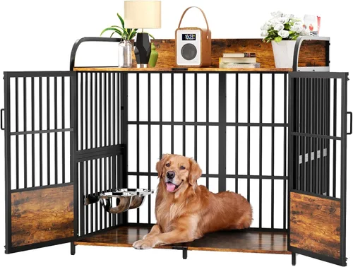 Miniatura 9 de BEURUKU Mueble de jaula para perros XL de 41 pulgadas, perrera mediana para interiores con 2 cuencos ajustables, mesa de jaula para perros de madera