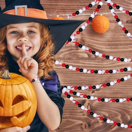 Miniatura 7 de Whaline Juego de 150 cuentas de madera de Halloween, cuentas focales de madera rojas, negras y blancas, cuentas de madera con salpicaduras
