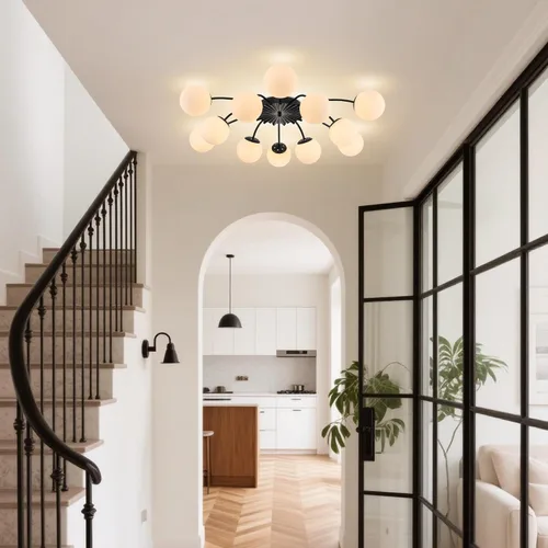 Miniatura 5 de Lámpara de araña Sputnik de 12 luces, color negro con burbujas de vidrio de leche Luces de techo semi empotradas, acento de flor, Art Deco