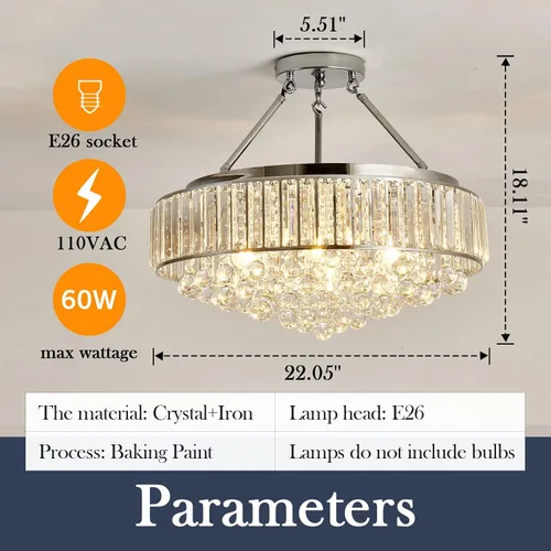 Miniatura 2 de YYJLX Lámpara de araña de cristal redonda grande moderna de 6 luces, cromada, de montaje semiempotrado, lámpara de techo E26 para comedor, sala