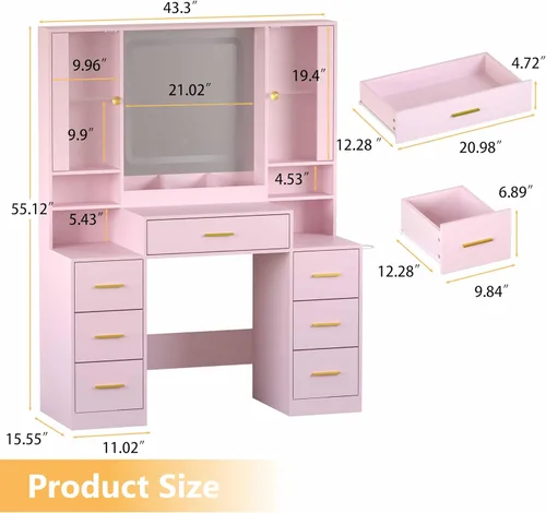 Miniatura 7 de Escritorio de maquillaje con espejo y luces, tocador negro de 43 pulgadas con parte superior de cristal, almacenamiento de joyas, 3 cajones