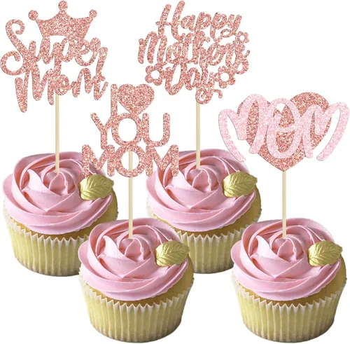 Miniatura 11 de Gyufise 1 pieza de decoración de pastel para el Día de la Madre con purpurina de corazón Love You Mom Cake Pick Rose Flower Best Mom Cupcake Decor