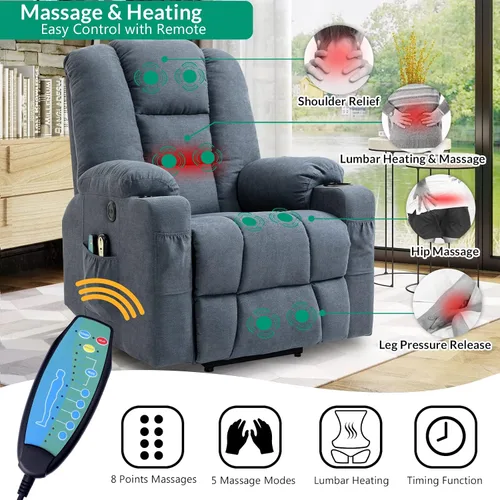 Miniatura 4 de VIVIJASON Silla reclinable eléctrica para personas mayores con calefacción por vibración, masaje de tela suave, con 2 controles remotos, puertos Azul