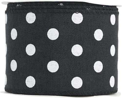 Miniatura 6 de HUIHUANG Cinta de lunares negros con alambre, 2.5 pulgadas x 10 yardas, arpillera de puntos blancos y negros con borde de alambre para manualidades