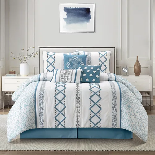 Miniatura 17 de Grand Avenue Juego de edredón Blanco Rojo tamaño Queen, juego de ropa de cama para todas las estaciones de 7 piezas con bordado de felpa, falda
