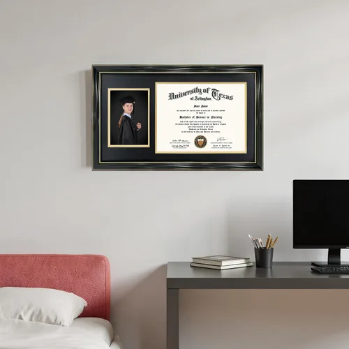 Miniatura 2 de GraduationMall Marco de fotos y diploma negro de 11 x 19 pulgadas para certificado de 8.5 x 11, imagen de 5 x 7, vidrio templado, paspartú doble