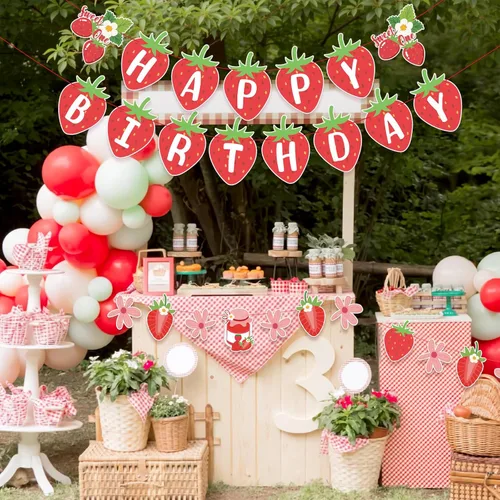 Miniatura 8 de SUNBEAUTY Pancarta de Feliz Cumpleaños de Fresa, Pancarta Colgante de Fiesta de Frutas Rojas Berry Sweet, Decoraciones de Cumpleaños de Fresa