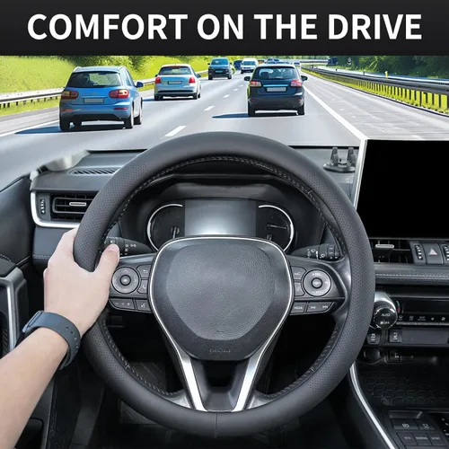 Miniatura 4 de Uxcer Funda de cuero de napa para volante, universal, de 14.5 a 15 pulgadas, antideslizante, transpirable, para automóvil, color negro