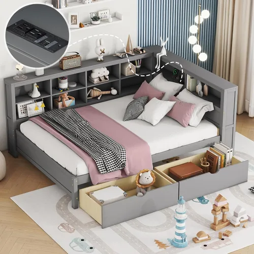 Miniatura 23 de HomSof Cama individual con 2 cajones, madera maciza, no necesita somier, gris