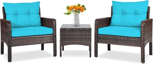 Tangkula Sillas de mimbre de 3 piezas con mesa auxiliar superior de cristal, cojines gruesos, para todo tipo de clima, jardín, césped, piscina,