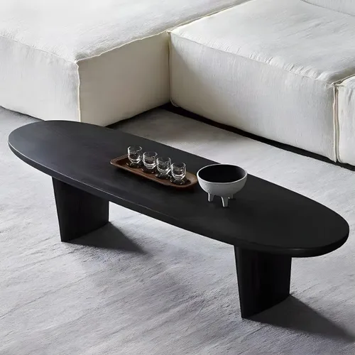 Miniatura 4 de RUNNUP Mesa de centro de madera negra ovalada, moderna, mesa de centro de decoración para sofá, mesa de cóctel para apartamento pequeño, sala