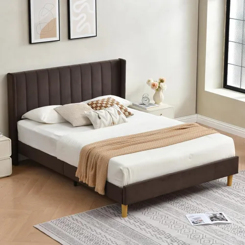 Miniatura 17 de Base de cama Queen con cabecero, base de cama de plataforma con respaldo de terciopelo vertical copetudo, soporte de listones de madera, no necesita