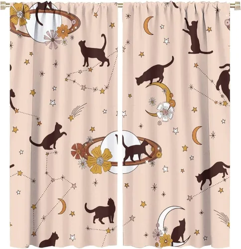Miniatura 56 de Cortinas de estilo de mediados de siglo, diseño geométrico abstracto moderno, diseño retro, estampado de gato negro, para dormitorio, sala de estar