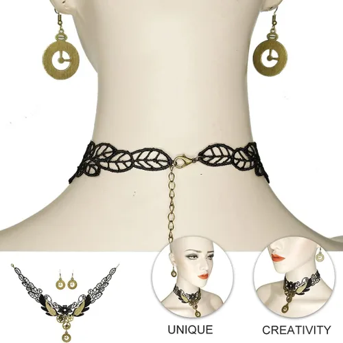 Miniatura 7 de Generic Gargantilla de encaje gótico, aretes vintage, collar steampunk, gargantilla de engranaje, accesorios de disfraz para mujeres y niñas, 3