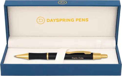 Dayspring Pens, Monroe - Bolígrafo negro, grabado personalizado con detalles de oro de 18 quilates, acción de clic, tinta negra de punta media,