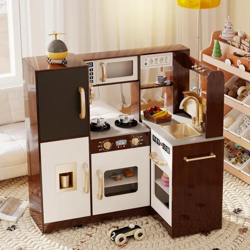 Miniatura 7 de TaoHFE Rincón de Espresso para Jugar Cocina con Luces, Juego de Cocina para Niños de 1 a 3 años, Juego de Cocina de Juguete para Niños Marrón
