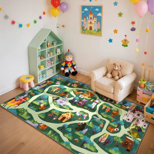 Miniatura 10 de LIVEBOX Alfombra lavable para sala de juegos para niños, alfombra de juego con caminos y aventuras en el bosque de fantasía, alfombra antideslizante