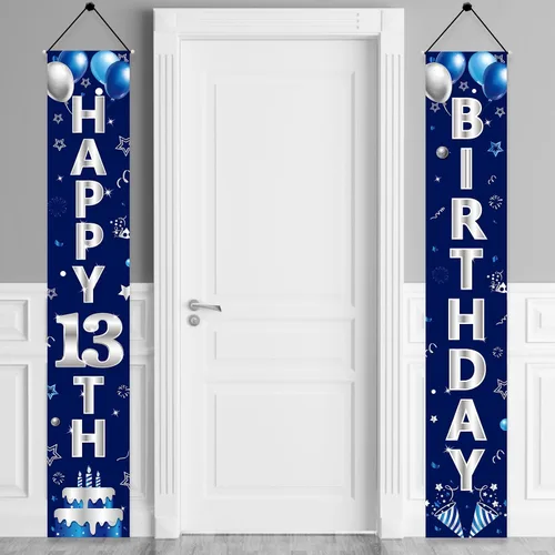 Turypaty Cartel azul plateado para puerta de cumpleaños número 13, pancarta de feliz cumpleaños 13 para niños, suministros de fiesta de cumpleaños