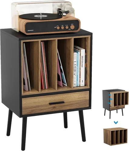 Miniatura 10 de Semiocthome Soporte para tocadiscos con caja de almacenamiento de vinilo anidable, mesa de tocadiscos con cajón, un gabinete, área de almacenamiento