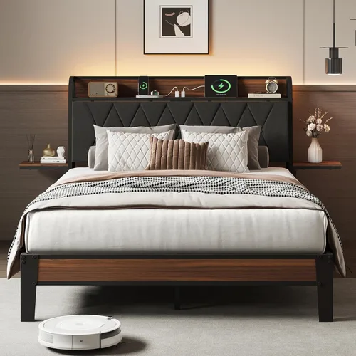 Miniatura 13 de WLIVE Base de cama individual con cabecero, base de cama tapizada con 2 estantes de almacenamiento, cama de plataforma con luces LED y estación