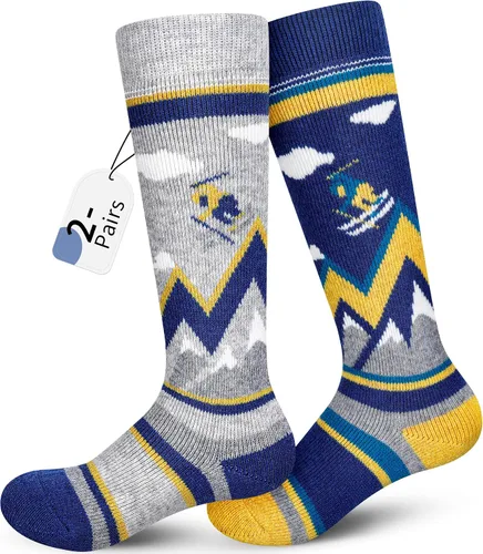 unenow Calcetines de esquí de lana merino para niños, 2 pares, calcetines térmicos cálidos de invierno para niños y niñas pequeños