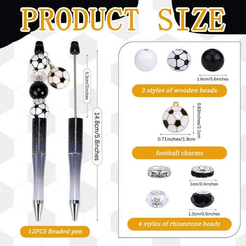 Miniatura 2 de 12 piezas de bolígrafos con cuentas a granel, bolígrafos con cuentas DIY, colgante de fútbol, bolígrafos con cuentas de tinta negra, kit de regalo