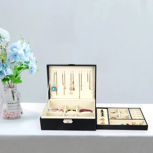 Miniatura 7 de Songaa Organizador de joyas de piel sintética, estuche para joyería para aretes, pulsera, collar y anillos de almacenamiento, caja de almacenamiento