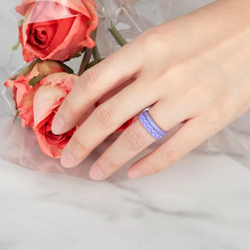 Miniatura 93 de Egnaro Anillos de boda de silicona para ella, conjuntos de novia de goma para mujer, bandas finas, diseño trenzado de hojas apilables con ranuras