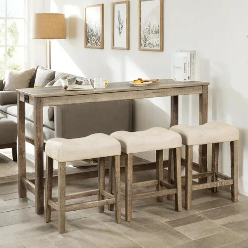 Miniatura 21 de Juego de mesa de bar industrial de 59" de 4 piezas con toma de corriente incorporada, mesa de sofá detrás del sofá con 3 taburetes tapizados