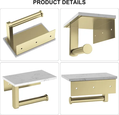 Miniatura 8 de Soporte de papel higiénico dorado cepillado con estante de mármol, soporte de mano de papel higiénico de acero inoxidable 304 montado en la pared