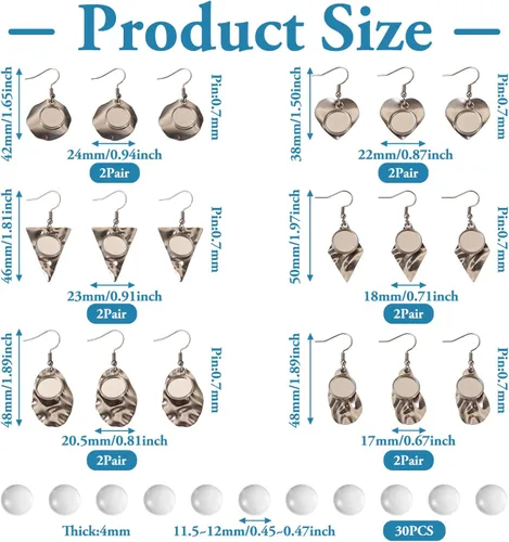 Miniatura 2 de FASHEWELRY 54Pcs Bandejas de bisel para pendientes de acero inoxidable en blanco Geometría rombos lágrima con cabujones de vidrio redondo de 12 mm