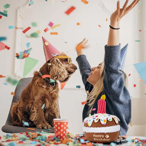Miniatura 5 de lilfrd Juguete de cumpleaños para perros, juguetes de pastel de cumpleaños para regalos de cachorros, juguetes de peluche chirriantes para perros