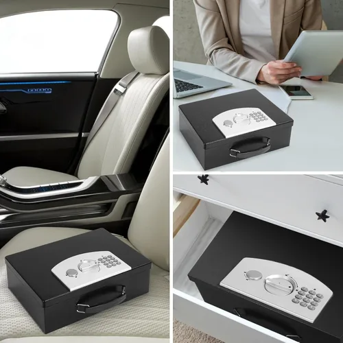 Miniatura 8 de Dalmbox - Caja de seguridad portátil de metal con cerradura de código digital, almacenamiento resistente al fuego para documentos, caja de seguridad