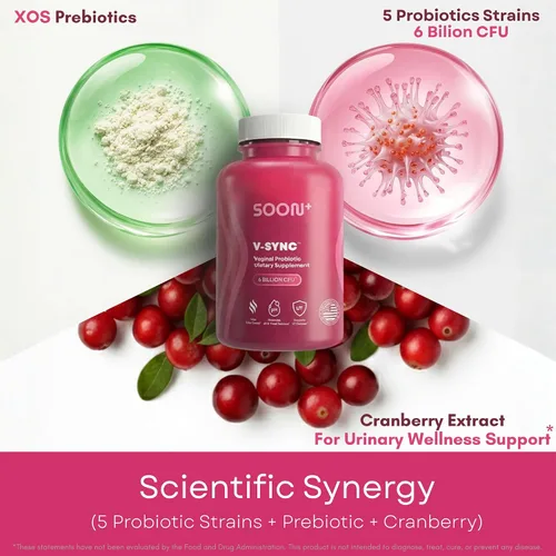 Miniatura 6 de SOON+ Probióticos vaginales para mujeres, V-Sync Probiótico vaginal con lactobacilo, arándano y prebióticos, apoya el equilibrio del pH
