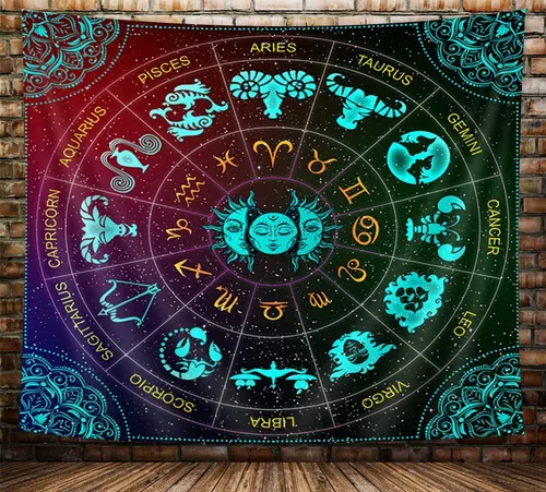 VeiVian Tapiz de pared de astrología del zodiaco, constelación de sol y luna, arte de luz negra, mandala trippy bohemio para dormitorio, sala de