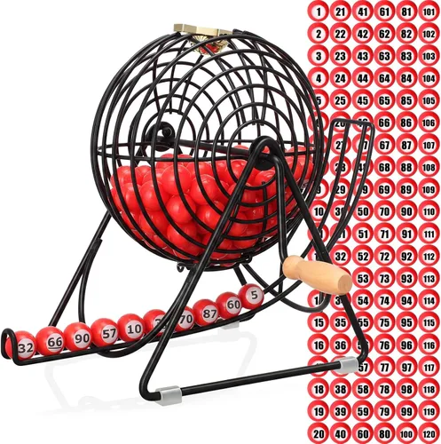 Poen El juego de bingo de lotería de 121 piezas de números 1-120 incluye jaula de 12 pulgadas, rifa de bolas de ventana de 0.9 pulgadas para noche