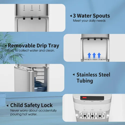 Miniatura 5 de Dispensador de agua con carga inferior autolimpiante para botellas de 3-5 galones, agua caliente, fría y a temperatura ambiente, cerradura