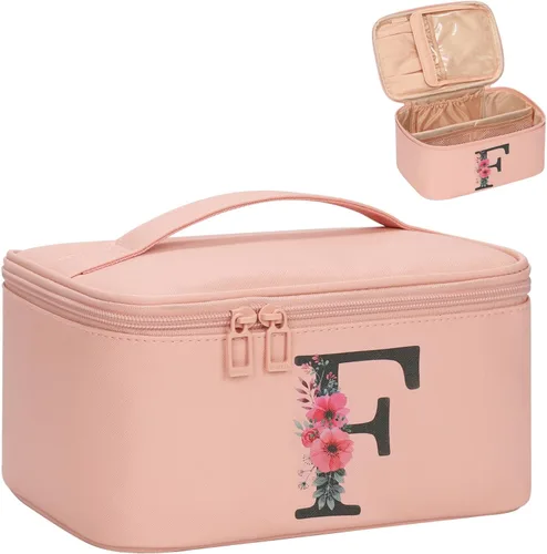 Miniatura 21 de OCHEAL Bolsa de maquillaje personalizada, bolsa de maquillaje beige para mujer, kit de aseo de viaje con monograma, organizador de cosméticos listo